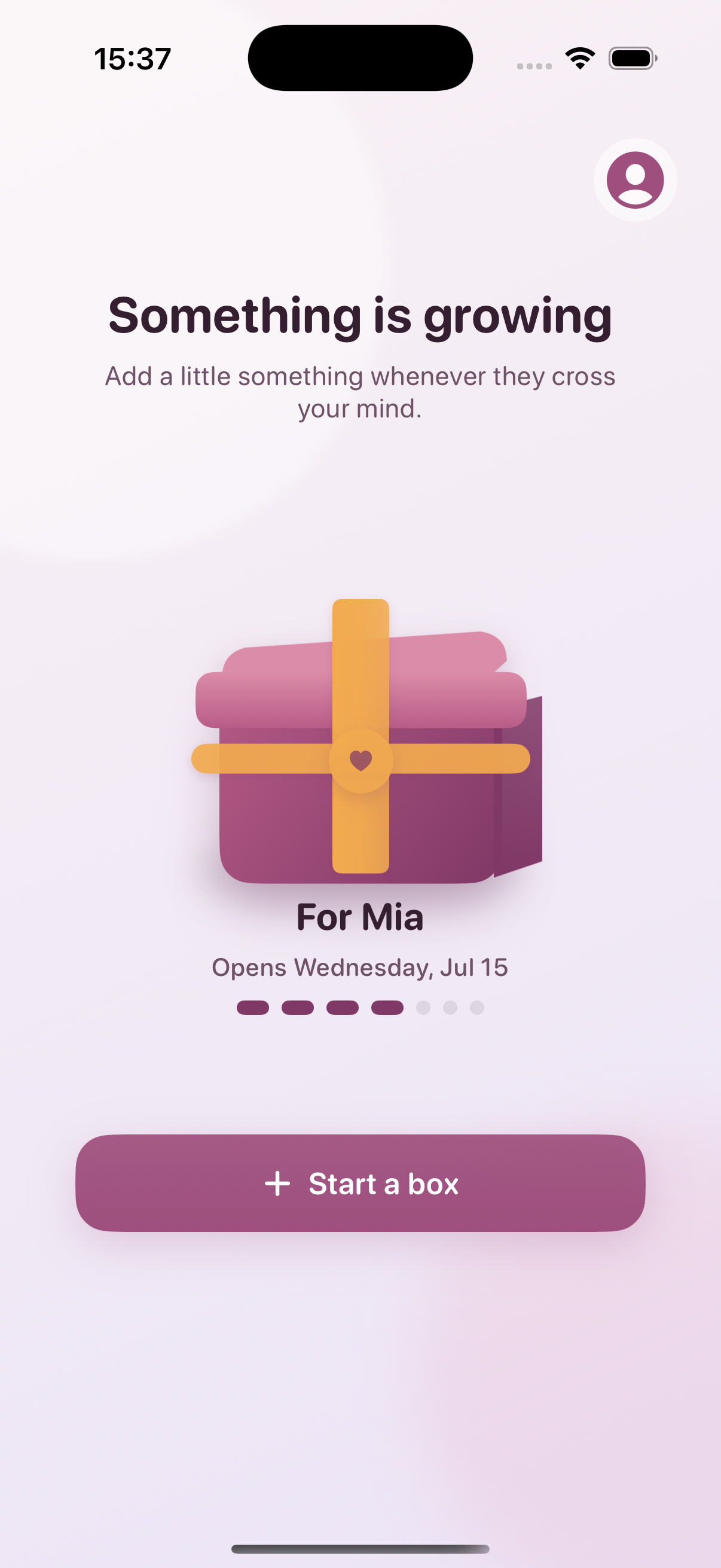 Tomo on iPhone, showing a growing box for Mia